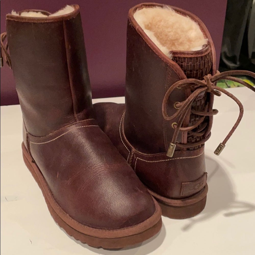 UGG Leather Mariana Brown Cognac Lace Up Boots